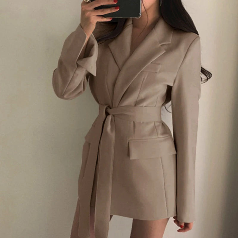 Fashion Slim Fit Lace Up Blazers Women Turn Down Collar Long Blazers Woman Solid Color Long Sleeve Suits Jackets Ladies