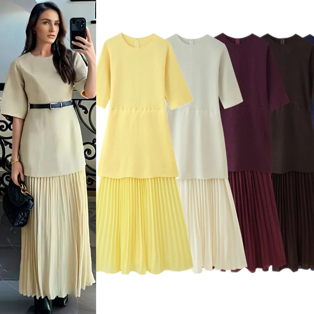 Fashion Patchwork Pleated Dress for Women Knitted Short Sleeve O Neck High Waist Vestidos 2025 New Elegant Holiday Long Dresses