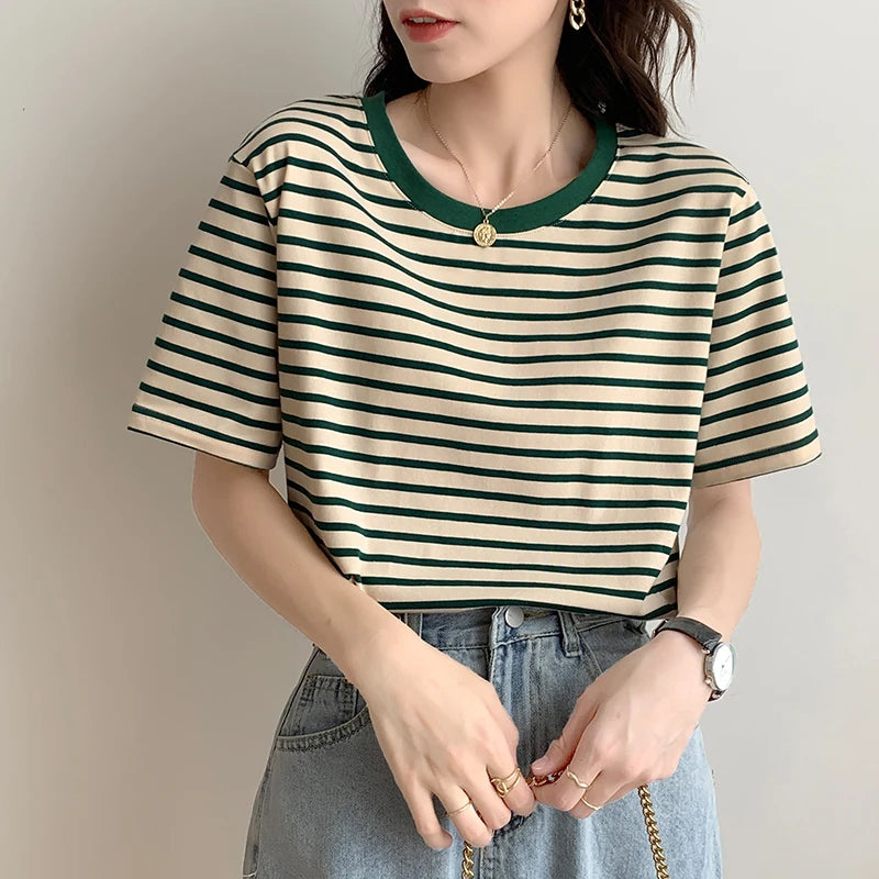 Summer Classic Striped Women's T-shirts 2025 New Short Sleeve O-neck Korean Casual Loose Shirts Knitwear Tops Female