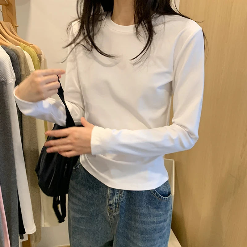 American Retro Round Neck t-shirt Women Long Sleeve Fashion Slim Slim Inner Bottom Shirt European Slim Tops Soft
