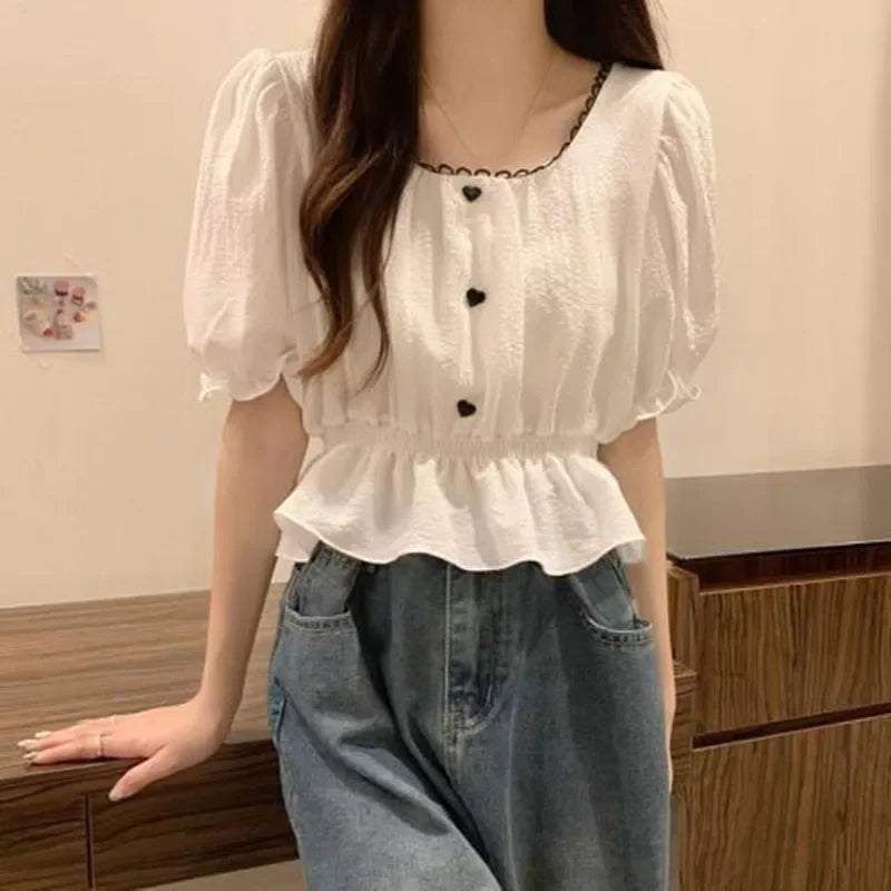 Smvp Summer Puff Sleeve Chiffon Shirt Women Sweet Cute Ruffles Waist-Tight Crop Tops Female Casual All-match White T-shirts