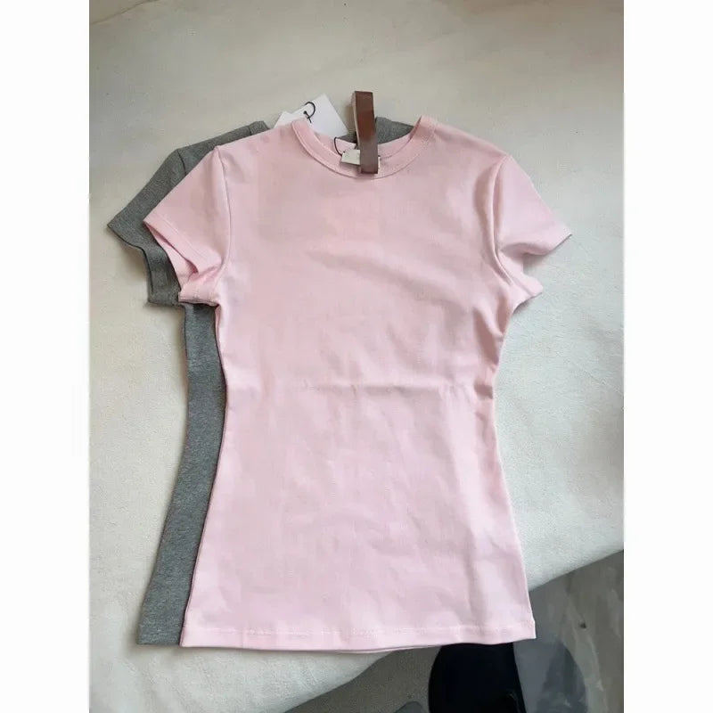 Pink Short Sleeve T-shirt Women's Slimming Crew Neck Top American Style Sweet Spicy Cartoon Waist Tightening Slimming