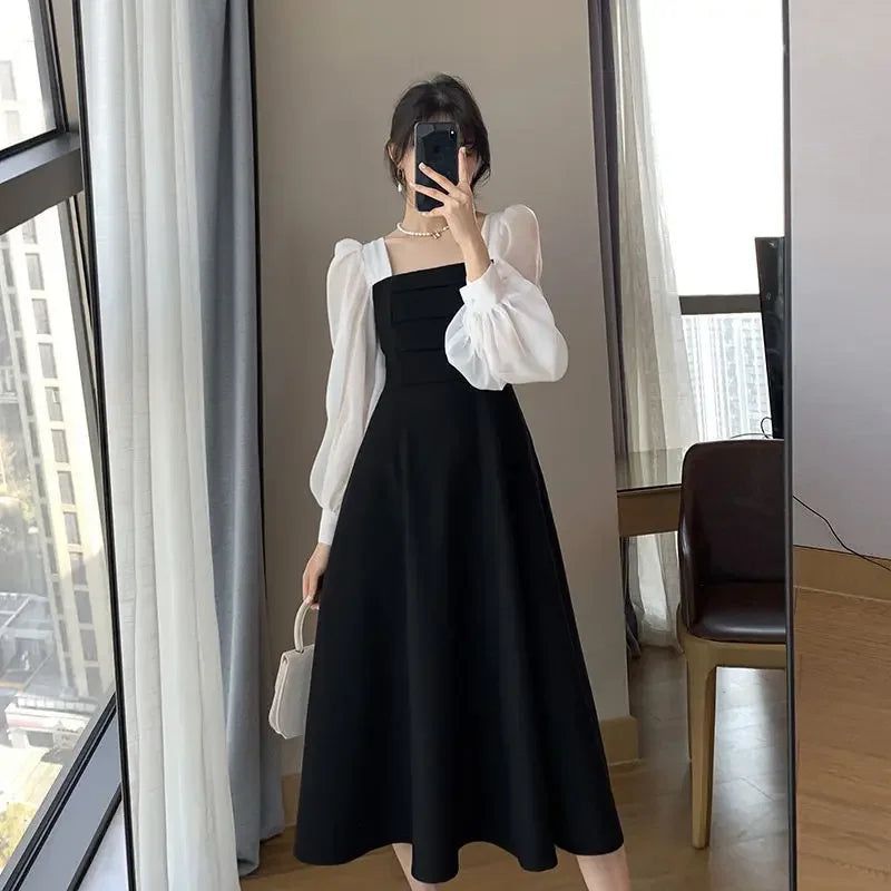 Long Sleeve Black Vintage French Style Vestido De Mujer New Spring Autumn Squared Collar Lace Up Dresses Women Fashion