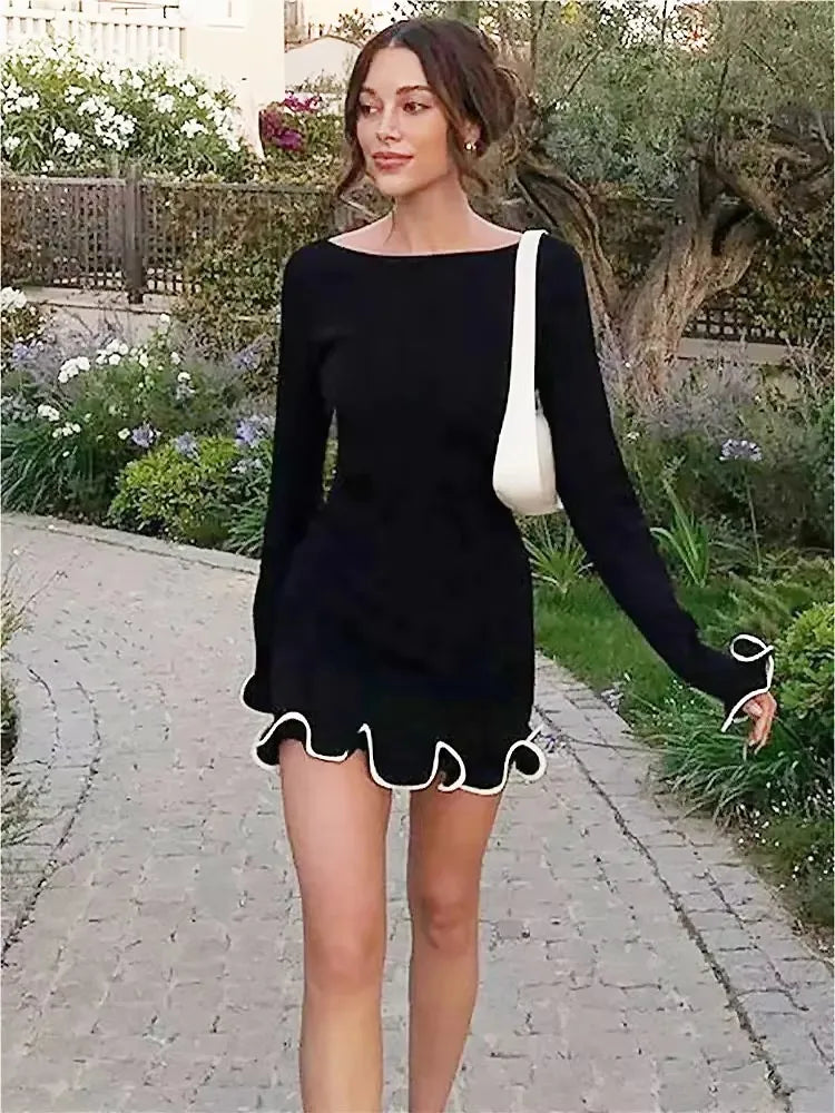Fashionable women's sexy slim knit dress autumn high waisted party skirt wrapped hip ruffle edge short skirt
