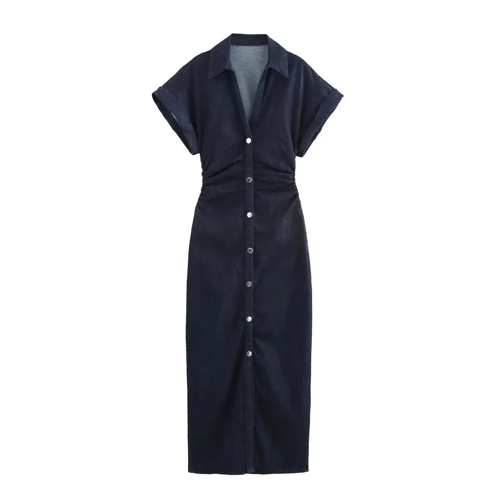 PB&ZA2025 Women's Navy Blue Short - Sleeve Button - Front Denim Dress with Ruched Waist for Stylish Look
