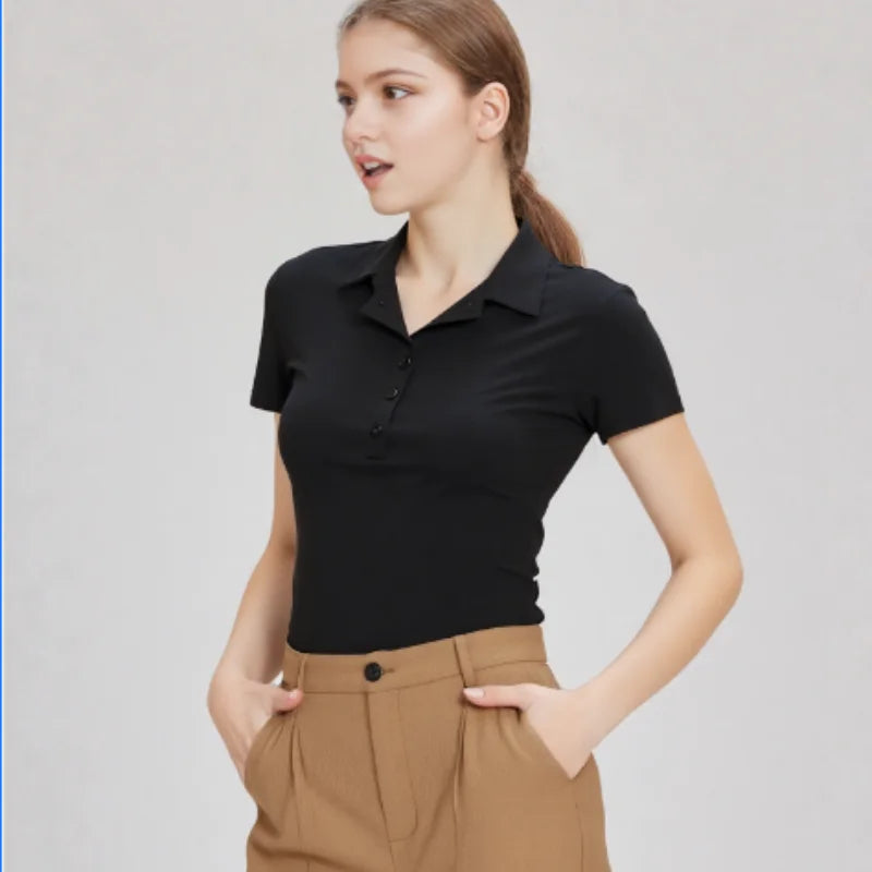 American style retro solid color women's polo shirt summer commuting casual slim fit spicy girl top