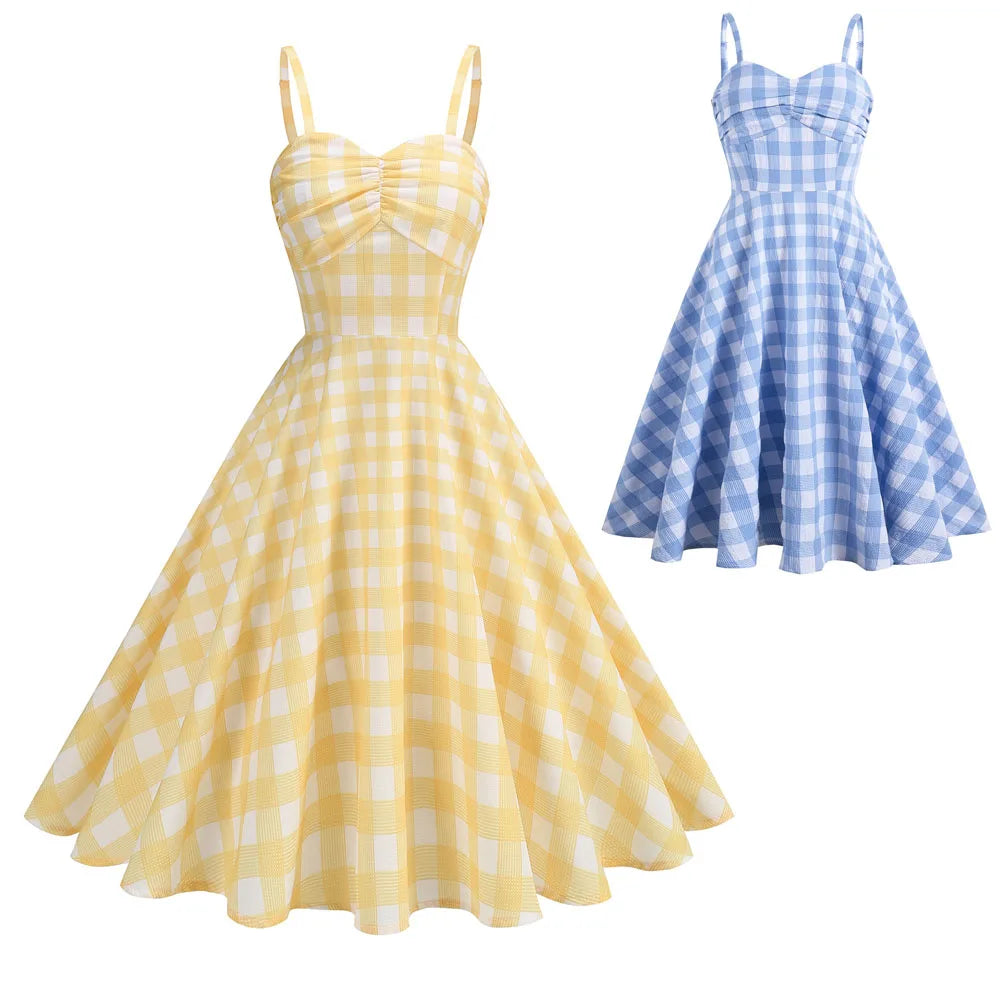Women Vintage Plaid Dress Elegant Retro Rockabilly Gingham Strap Suspenders Cocktail Tea Party 1950s 40s Swing Dress Summe Dress