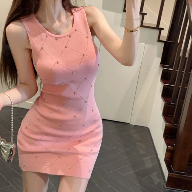 2024 New Summer Women Vintage Ladies Sleeveless Slim Elastic Knit Vest Dress Knitted Elegant Sexy Bodycon Mini Dresses