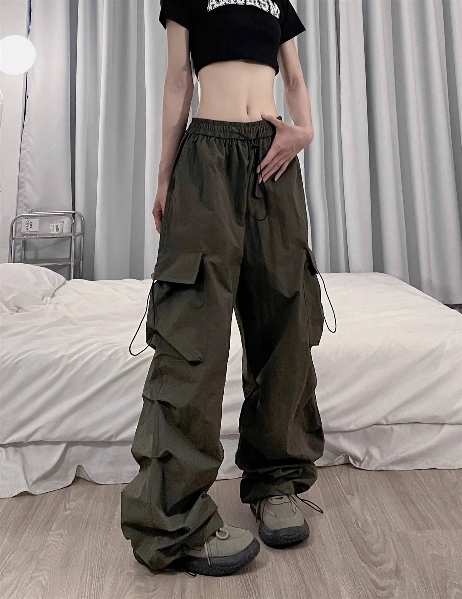 Retro Y2K Solid Baggy Cargo Pants Fashion Women Elastic High Waist Loose Pocket Wide Leg Pant Sweatpant Streetwear New Trousers
