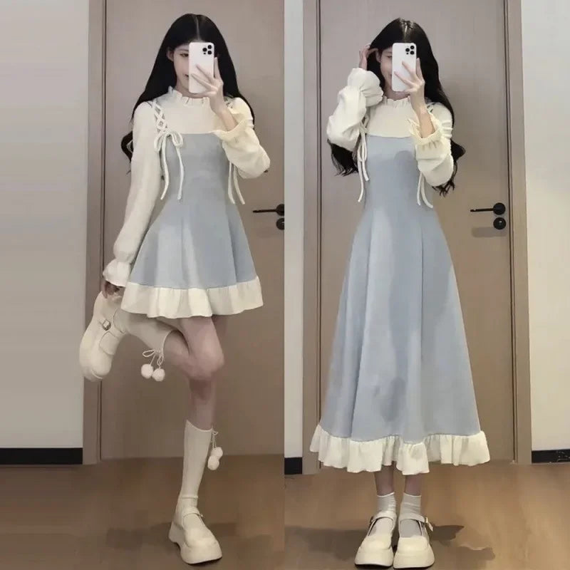 Sweet Short Mini Skirt Dress Women's Slim Fit Color Block Design Autumn Winter Fashion Casual Style Full Sleeve Regular Waist
