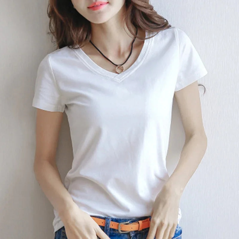 New Fashion pring Summer Women T-shirt Black V-Neck Short Sleeve Female Tee Slim White T-Shirt Casual Solid Lady Tshirt Tops