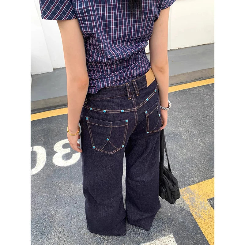 2025 Autumn Blue Jeans Women Y2K American Vintage 2000s High Waisted Jean Straight Streetwear Casual Loose Wide Leg Denim Pants