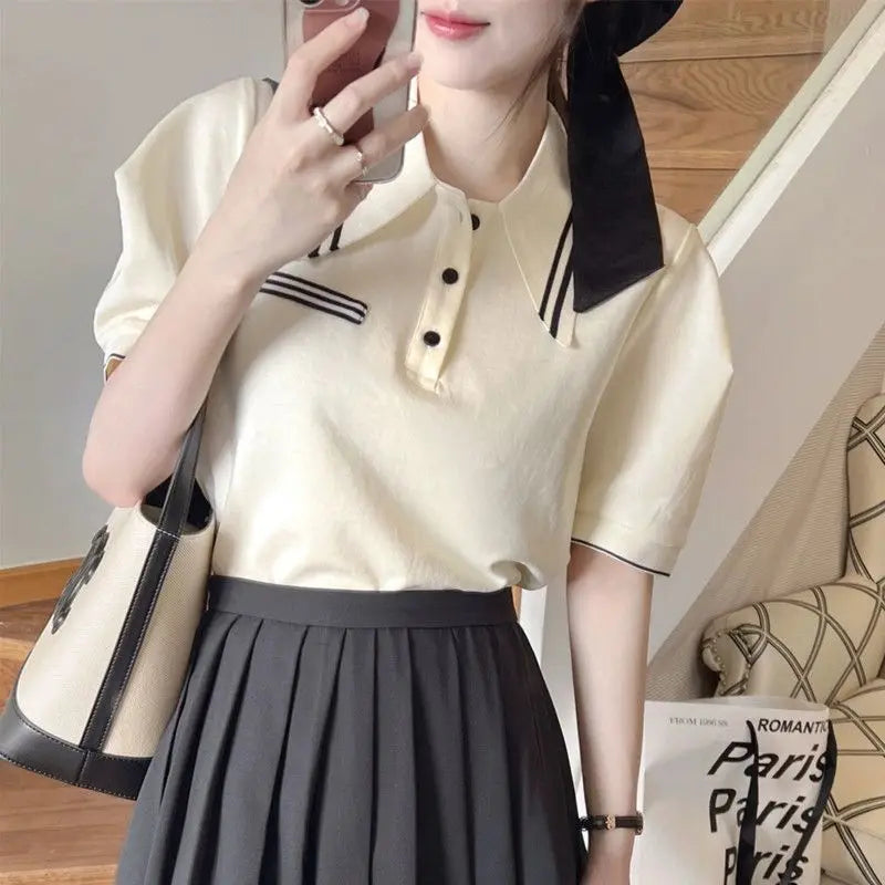 casual commuting Sweet Stripe short sleeves T-shirt Summer new College Style youthful POLO Collar Tops Fashion Clothes for Women
