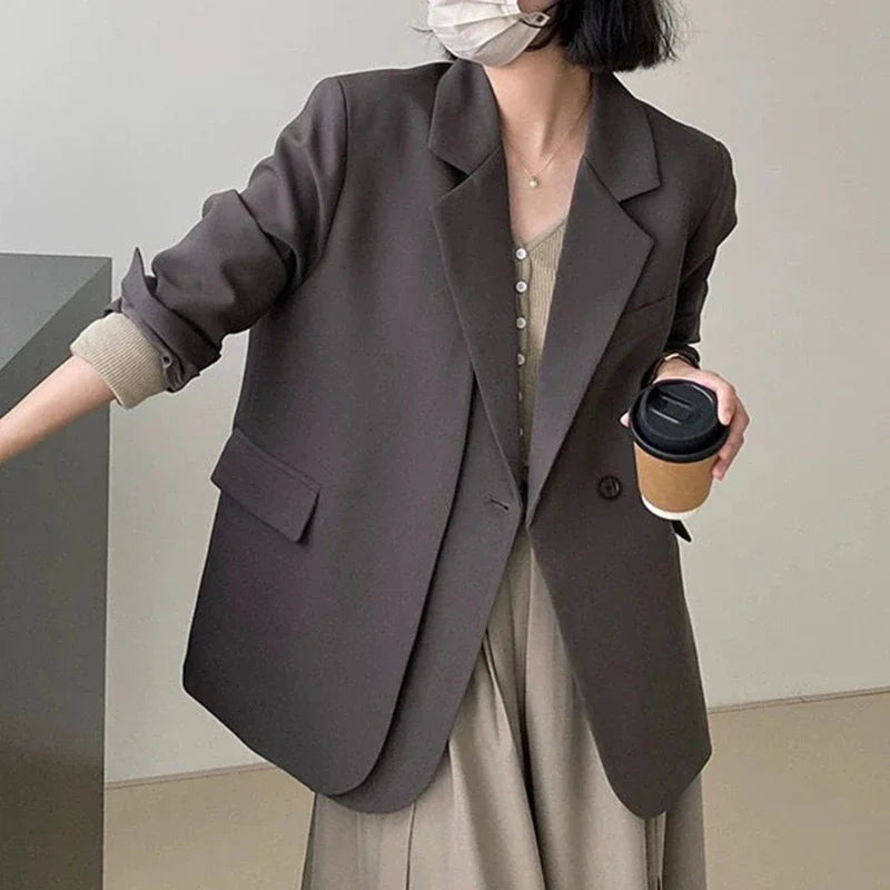 REALEFT Spring Autumn Elegant Grey Women's Blazer Jacket 2025 New Long Sleeve Single Button Office Lady Loose Outwear for Women
