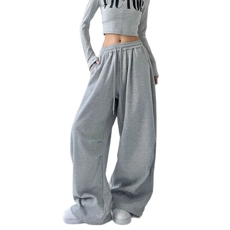 Women’s Grey Sweatpants | 2025 Spring Loose Fit Straight-Leg Cargo Wide Leg Jogger Pants Casual Trousers