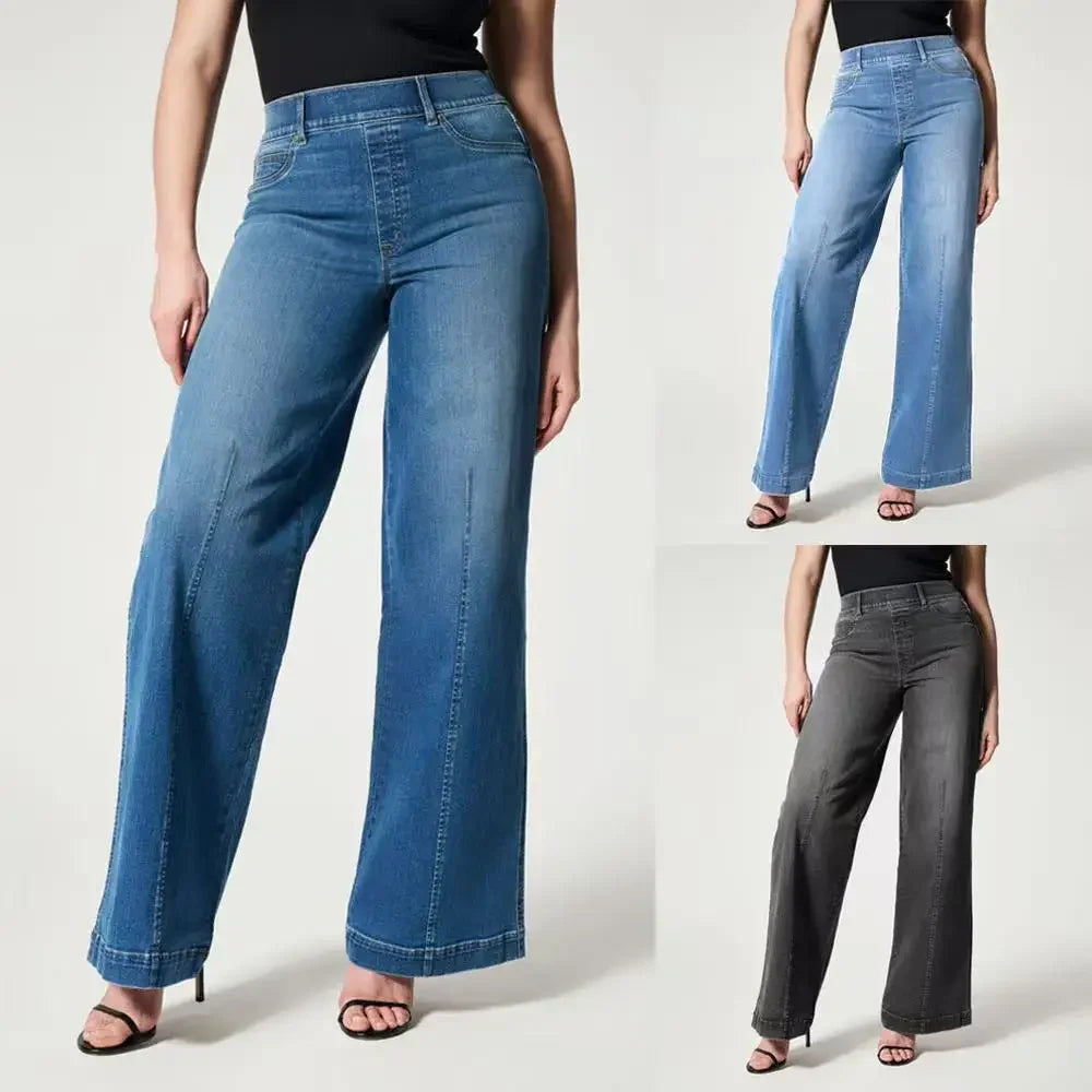 Washed Wide Leg Elastic Waist High Stretch Denim Jeans Women's Independent Station Cross-Border Loose Fit Trousers