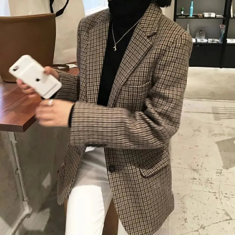 Retro Plaid Wool Suit Jacket Women Clothes 2024 Spring Autumn Large Size Blazer Women's Fat Mm Slim Plaid Suit New In Coat