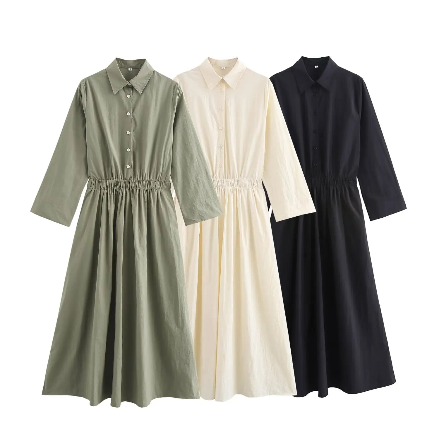 2025 New Women's Clothing Fashion Solid Color Temperament Waist Midi Long Shirt Style Side Pocket Midi Dress