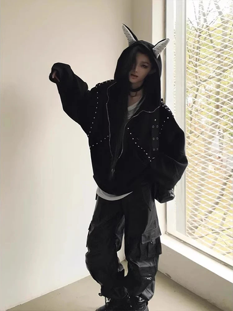Cool Sexy Splicing Bulldog Hoodie Women's Sle Cleanfit Couple Outerwear Loose Fit Long Sve Zipper Closure  Color