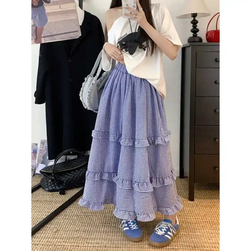 Plus Size Plus Size Women's High Waist Plaid Half-length Skirt Korean Style Retro Matching Color Gingham Cake Skirt Vintage S...