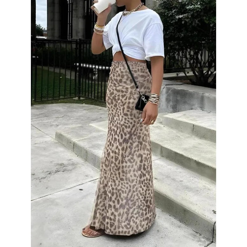 Plus Size Women Sexy Elegant Leopard Printed Midi Skirt Women Fashion Dress Lady Clothes