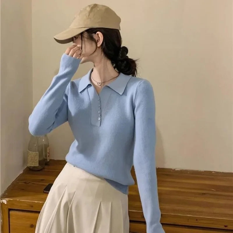 Women Clothes Spring Autumn Fashion Casual Button Solid Color Polo Collar Ladies All-match Refreshing Long Sleeve Knitting Tops