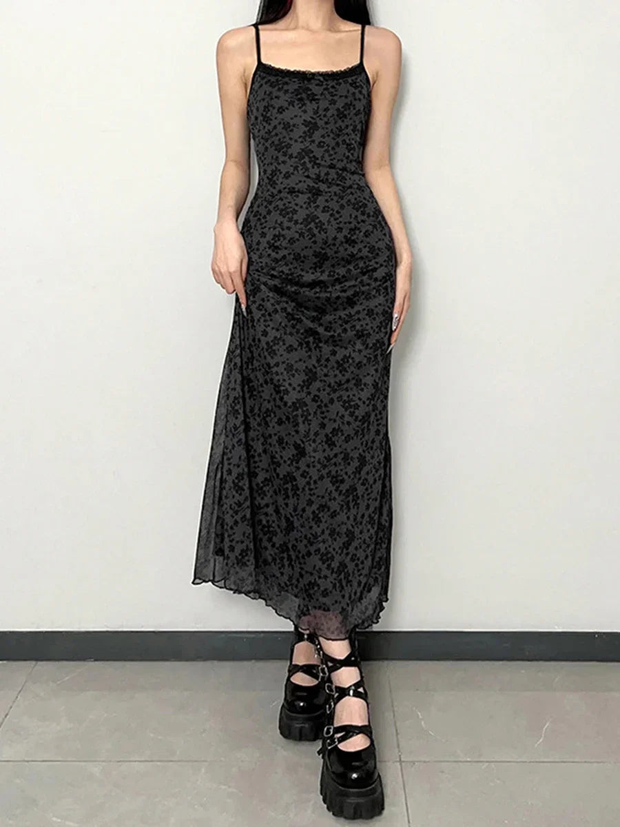 Allover Floral Print Lace Splicing Cami Dress Elegant Sleeveless Maxi Slim Dress Y2k Vintage Dark Academia Women's Clothing