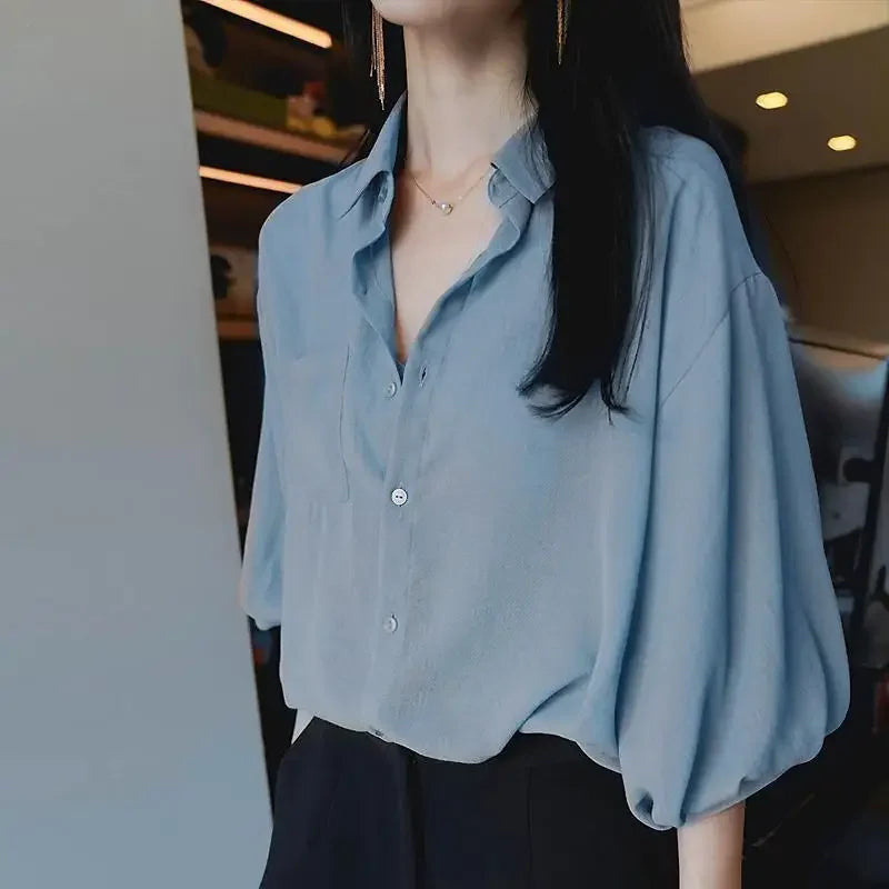 Loose V-neck Tunic Shirt Women's Chiffon Lantern Sleeve Casual Style Korean Fashion Spring Summer New Arrival Ins Trend