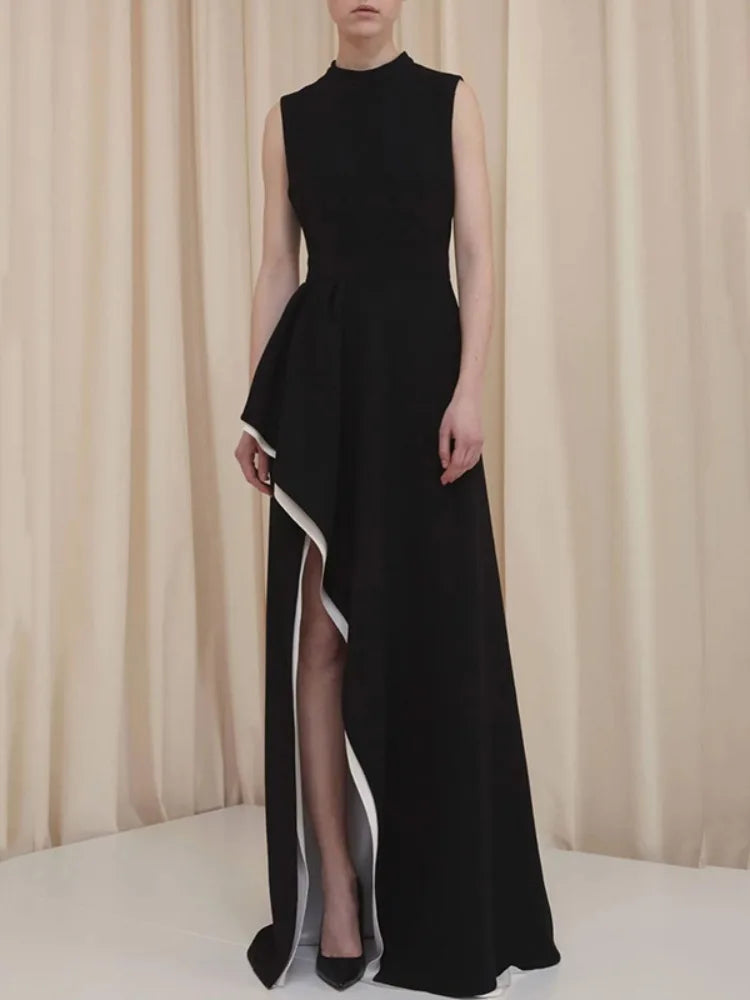 Freeacy Women's Evening Dresses Round Neck Sleeveless High Waist Split-side Floor-Length Dress Contrast Color Party Dresses