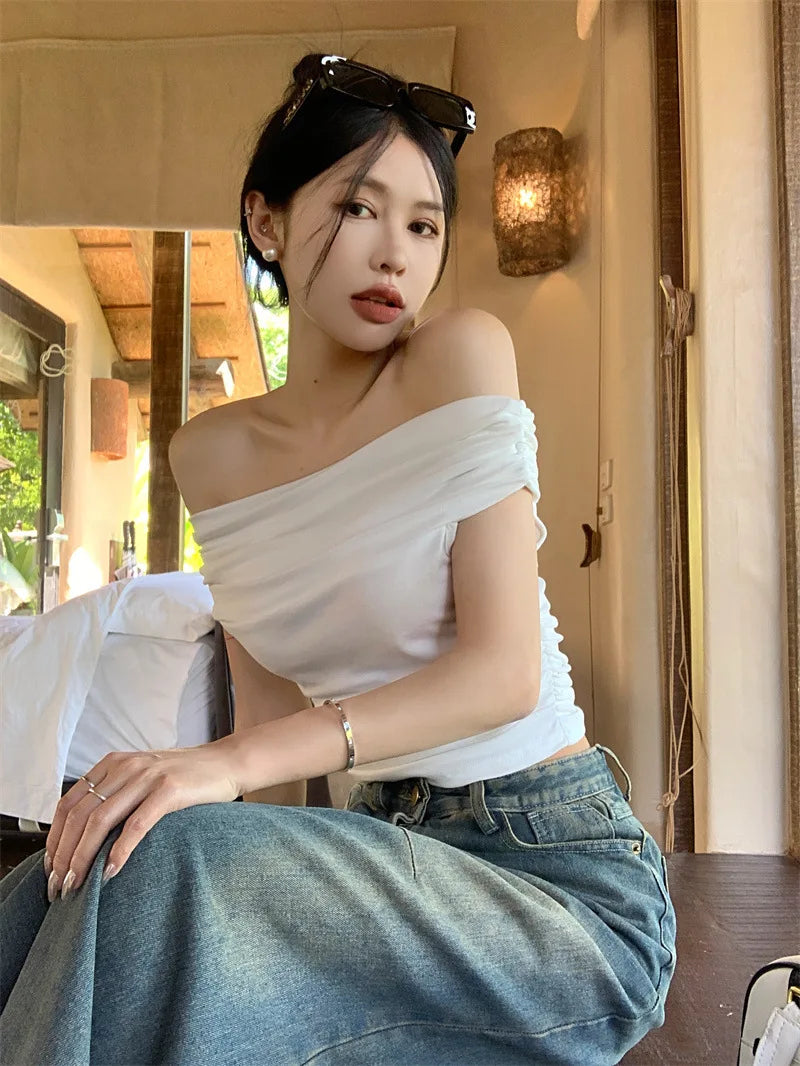 Y2k Summer T Shirt Women Sexy Hot Girl Off-Shoulder Crop Top Short-Sleeved T-Shirt Slim-Fitting Korean Fashion Tee Shirt Woman