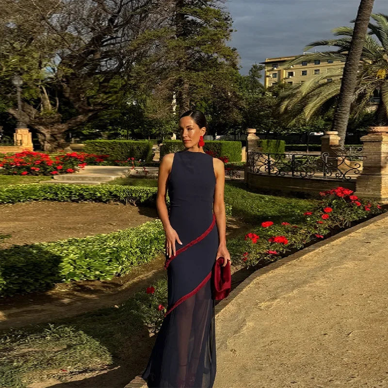 Elegant Summer New Women's Sleeveless Slit Long Dress Net Gown Floor-Length Empire Waist Skirt Style Fashionable And Chic