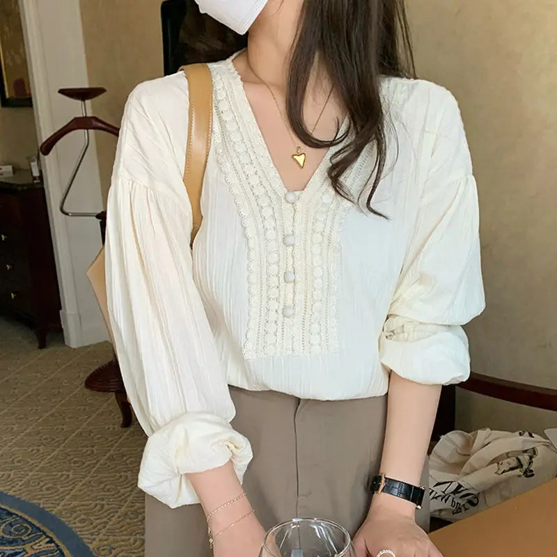 Spring Cotton Long Sleeve White Women's Blouse Office Lady Elegant Tops 2024 Fashion Autumn V-neck Shirt