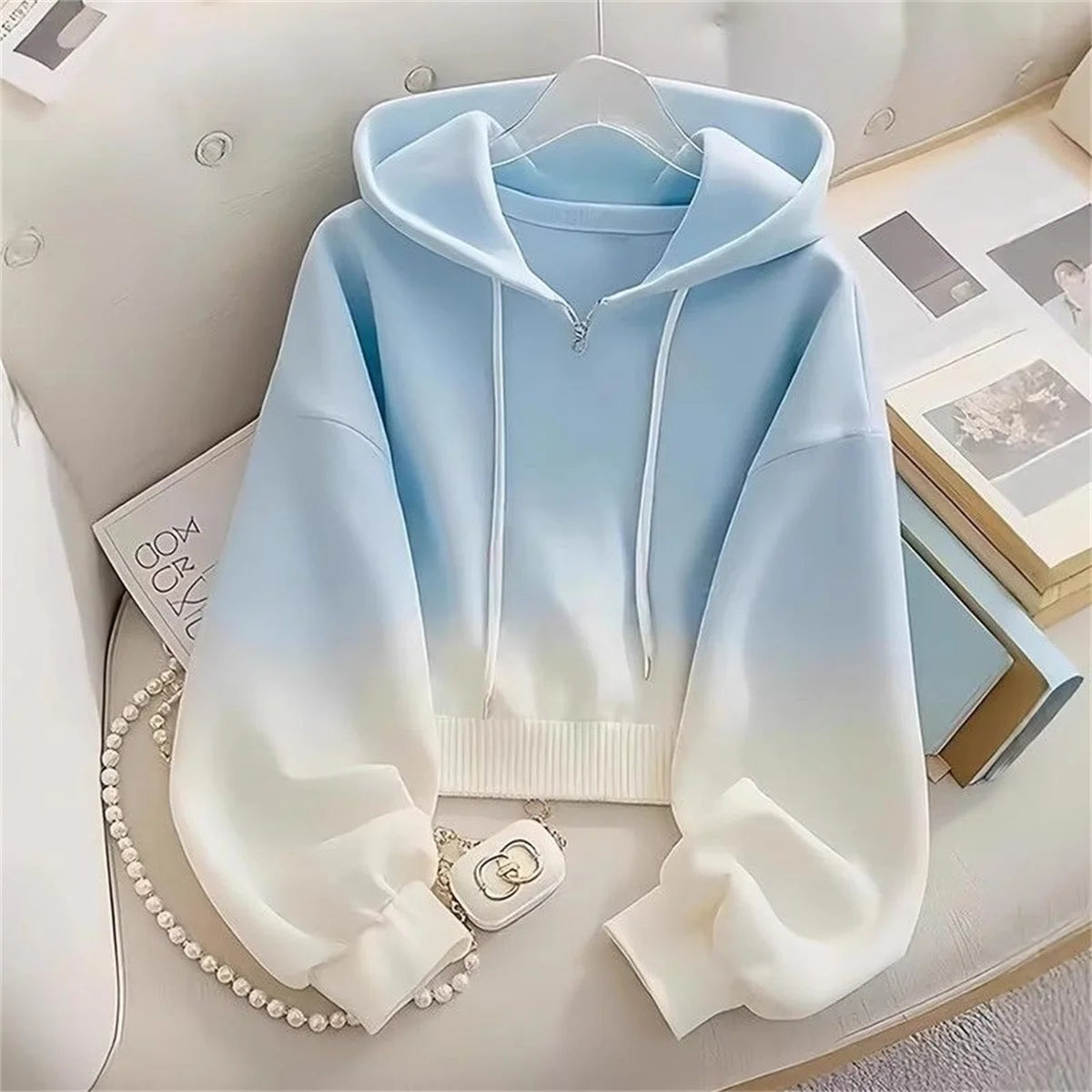2025 Gradient Blue Solid Color Hooded Coat Spring And Autumn Dressing Up Collection Casual Fashion Trends Versatile Lazy Wind