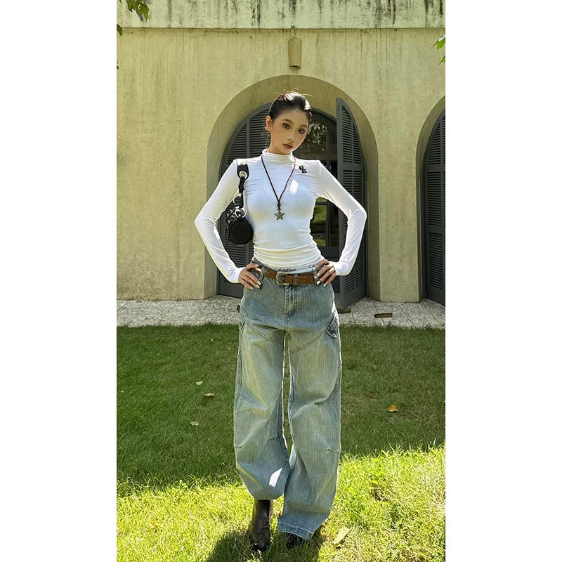 Women's jeans Blue Y2k Baggy Straight low Rise jeans Vintage Boyfriend Denim Trousers 2000s Style Jeans Pants Oversize Clothes