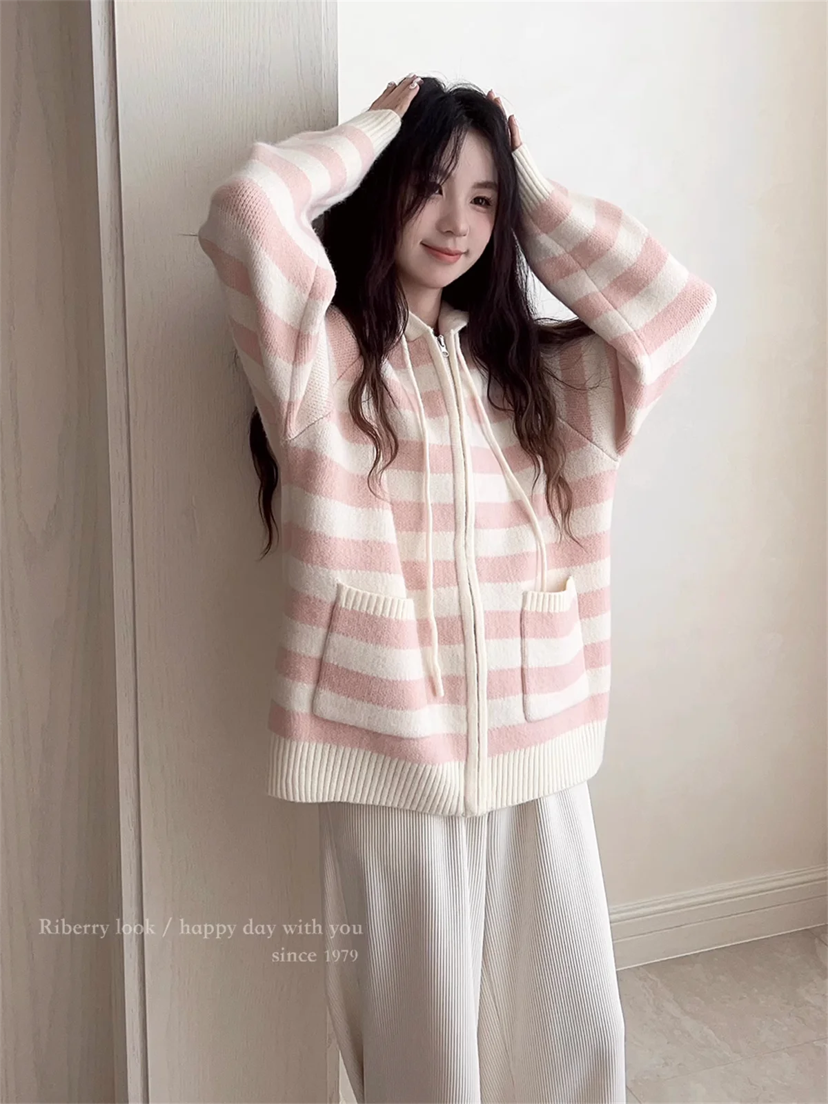 New Gentle Pocket Stripe Zipper Hooded Coat Spring and Autumn Up Collection Casual Fashion Trends Versatile Lazy Wind Tops
