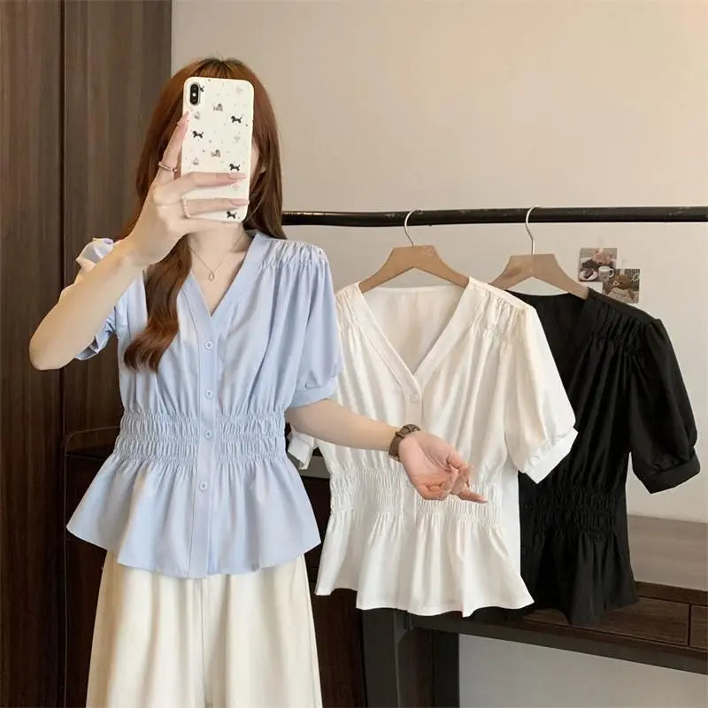 Elastic waist summer shirt women's short sleeved solid color top new simple V-neck French top