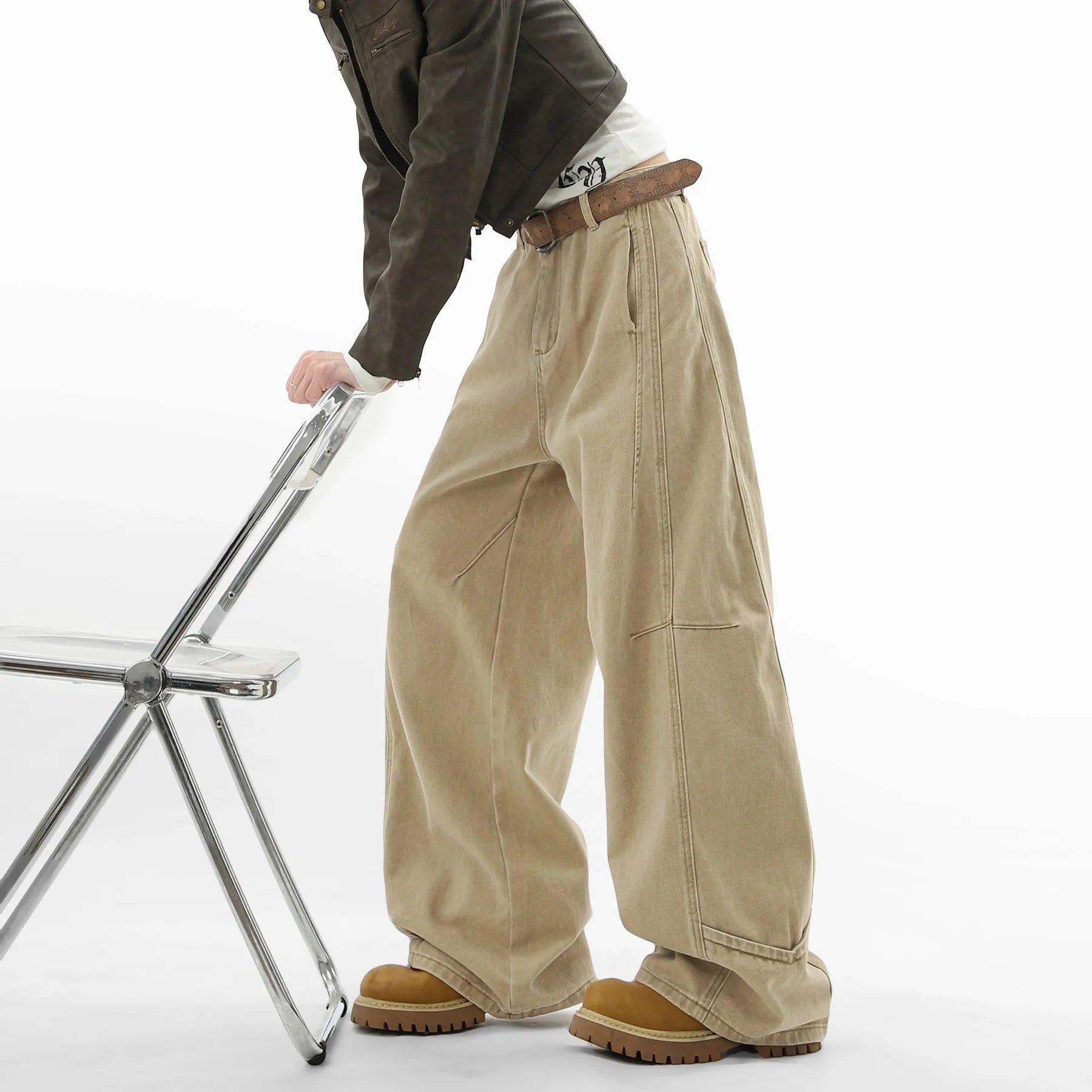 Retro American Beige Denim Jeans for Women Streetwear Baggy High Waisted Jeans Vintage Cargo Pants