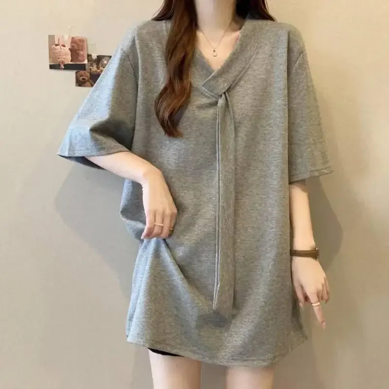 Plus Size Women's T-Shirt with Sash Short Sleeve V-Neck Mid-Length Spring Fashion European Style plus Size Clothing Top