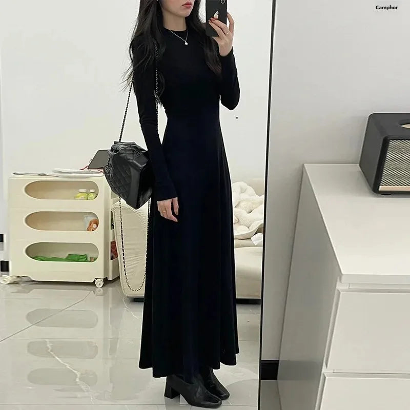 Hebon Black Long Sleeve Base Dress For Women Elegant French Style Slim Fit Waist-Fitted Inner Long Dress Smooths Your Silhouette