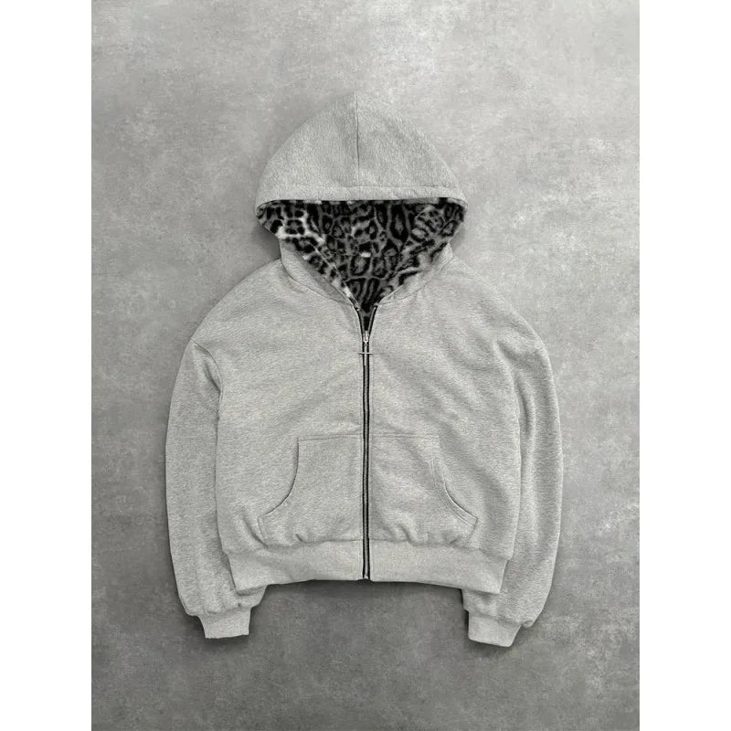 2025 European and American Autumn/Winter New Hoodie Retro Leopard Pattern Inner Zipper Hoodie